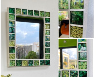 PEACOCK Mosaic Mirror, green blue glass tiles, HANDMADE, BOHO Bright Colourful, wall decor, wall art, unique statement mirror