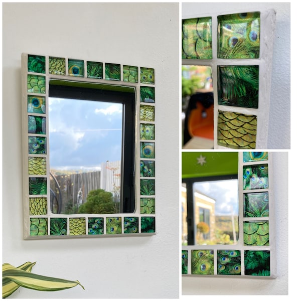PEACOCK Mosaic Mirror, green blue glass tiles, HANDMADE, BOHO Bright Colourful, wall decor, wall art, unique statement mirror