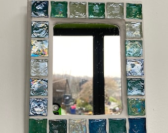 LOVELY decorative small mirror, turquoise blue MOSAIC, iridescent glass tiles, HANDMADE, wall decor, unique, wall art