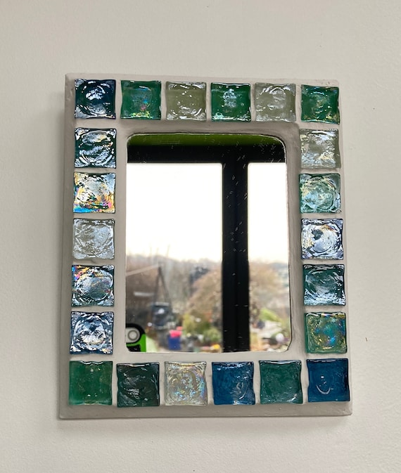 LOVELY decorative small mirror, turquoise blue MOSAIC, iridescent glass tiles, HANDMADE, wall decor, unique, wall art