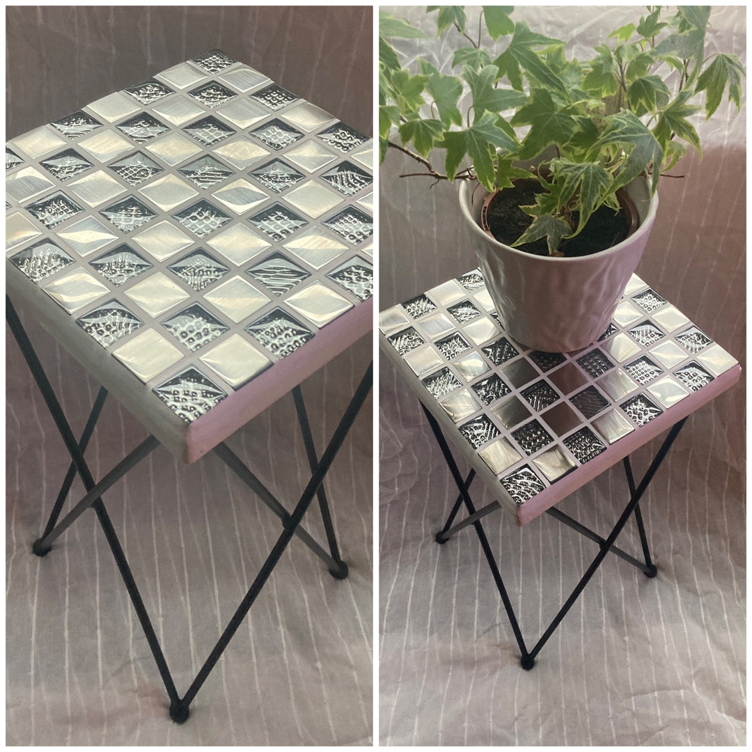 Patterned Tile Up Stand Lovely Mosaic Plant Stand, Stainless Steel Foil Patterned Glass Mosaic ...