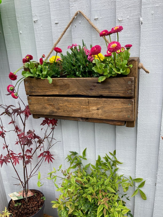 Rustic Wall Fence Hanging Planter HANDMADE Wood dark Oak