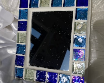 LOVELY decorative small mirror, blue MOSAIC, iridescent glass tiles, HANDMADE, wall decor, small gift, wall art,