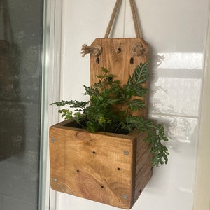 May include: A wooden hanging planter with a natural wood finish. The planter is filled with green leafy plants and is hanging from a white tiled wall.