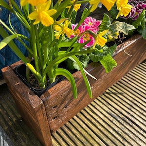 May include: A wooden planter box with a dark brown stain, filled with yellow daffodils and pink primroses. The planter is sitting on a wooden deck.