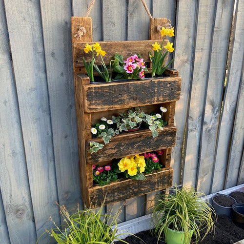 SALE ***20% OFF***Large Wall Fence Hanging, Tiered Planter, 'Oak', Christmas gift for Gardener, Herb garden, HANDMADE, Reclaimed Pallet Wood