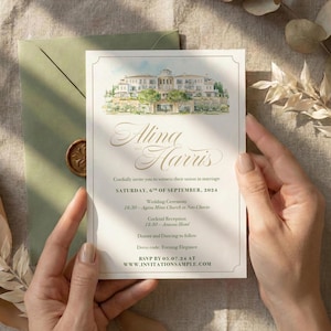 Custom Venue Illustration Wedding Invitation • Watercolor Venue Sketch • Minimalist Matte Invite Envelope