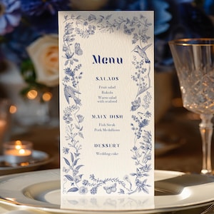 Hochzeitsmenü mit Illustration - Elegantes individuelles Abendmenü, Aquarell Blumen Hochzeitspapeterie, personalisierte Empfangskarte