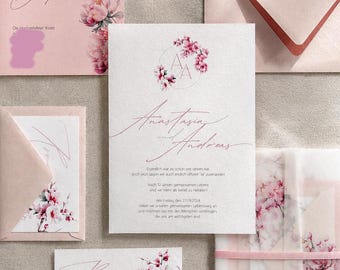 Hochzeitseinladungsset mit Kirschblütenmotiv, rosa florale Einladung auf Pergamentpapier, Frühlingshochzeitskarten, minimalistische rosa florale Einladungen