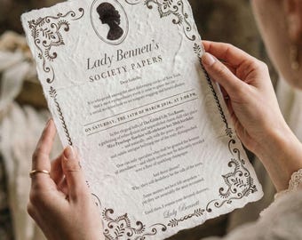 Regency Newspaper Wedding Invitation • Vintage Society Scandal Sheet • Handmade Cotton Paper, Wax Seal • Gold Leaf Edges