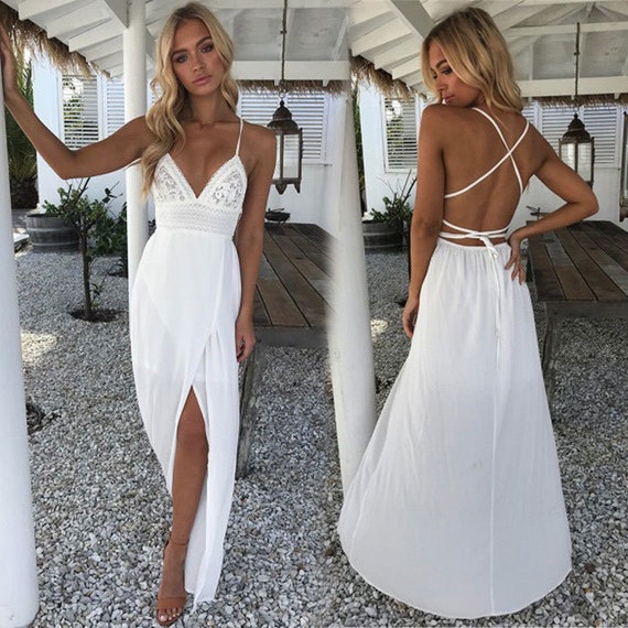 White Lace Boho String Tied Backless ...