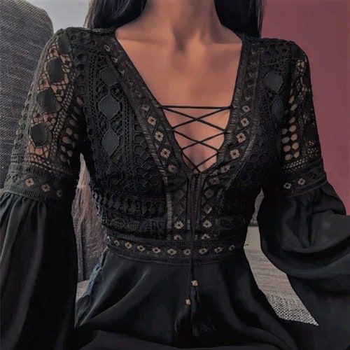 Black Front Tied Long Sleeve Ruff Design A Line Summer Dress - Holiday Dress fashion
