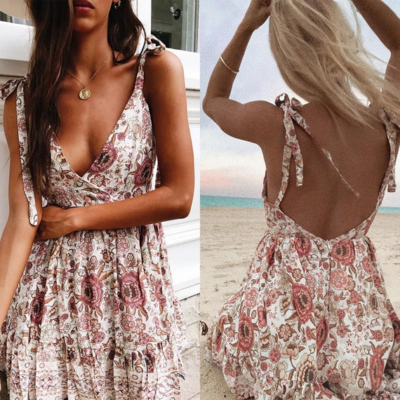 Casual Backless Spaghetti Strap Tied Summer Holiday Mini Dress