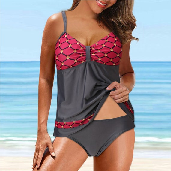 Grey With Red Patterned Bust Two Piece Tankini Swimsuit With High Waist  Briefs 