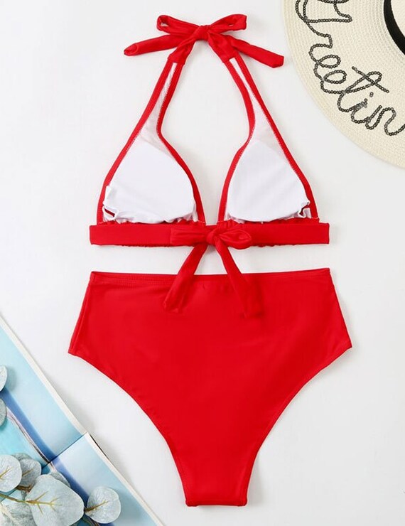 Buy High Waist Red Tied Halter Neck Padded Bikini Set Swimwear Bikini  Holiday Swimwear Online in India 