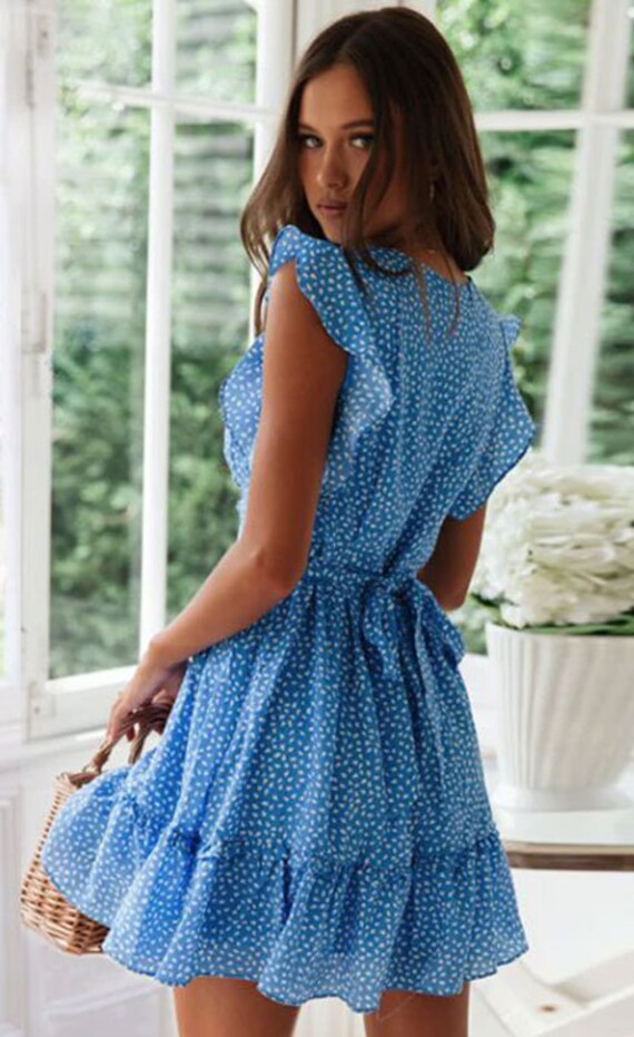 Boho Blue Rain Drop Pattern Sleeveless Deep V Neck Beach Summer