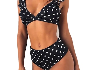 High Waist Polka Dot Ruffled Padded Bikini Set | Swimwear Bikini Holiday Swimwear