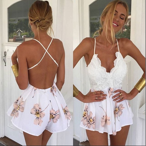 White Floral Lace Backless and Sleeveless Deep V Neck Summer Strappy  Playsuit Holiday Dress Fashion 