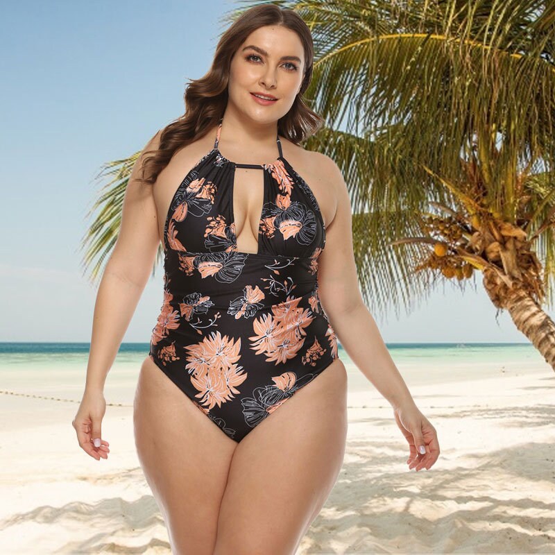 Women's Plus Size Floral Strappy V Neck One Piece Swimsuit