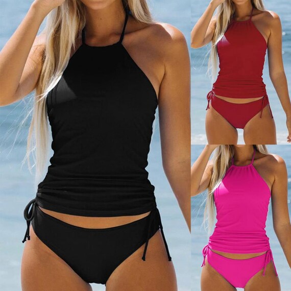 Halter Neck Two Piece Tankini Swimsuit With Mid Waist Briefs Available in 3  Colours -  Canada