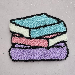 Book Stack Coaster, Bookish Mug Rug, Punch Needle Book Coaster, Cozy Reader Gift, Library Decor, Blue Pink Purple Book Mug Rug, Bookish Gift