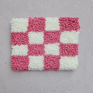 Pink Checkered Coaster, Pink and White Mug Rug, Punch Needle Coaster, Aesthetic Coffee Coaster, Cute Desk Decor, Handmade Mug Rug, Y2K Decor