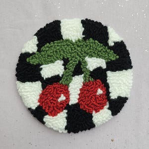 Cherry Checkered Mug Rug, Black and White Circle Coaster, Punch Needle Coaster, Retro Cherry Coaster, Vintage Aesthetic Decor, Y2K Rug Decor
