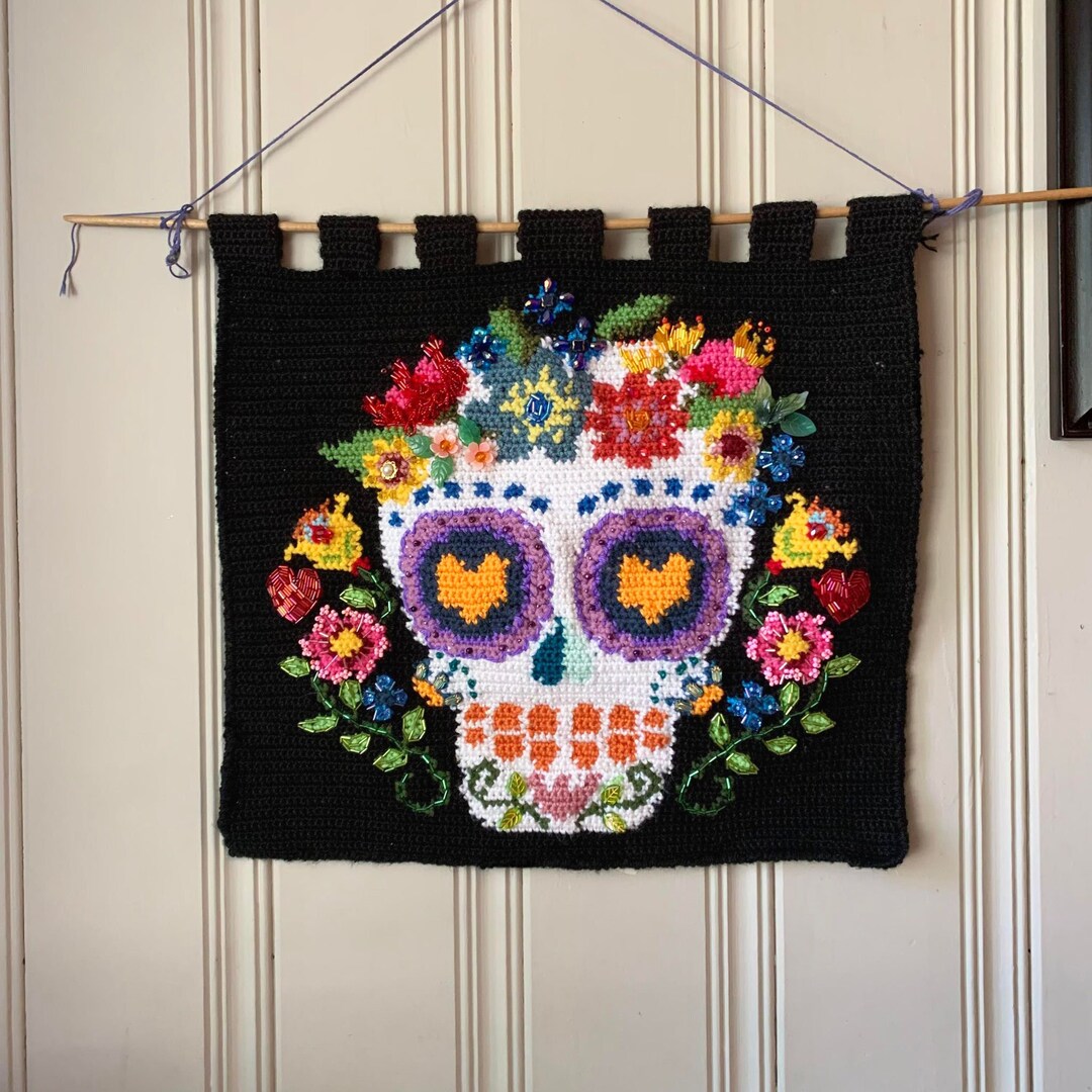 Sugar Skull Tapestry Crochet Wall Hanging With Beading NO POLE for ...