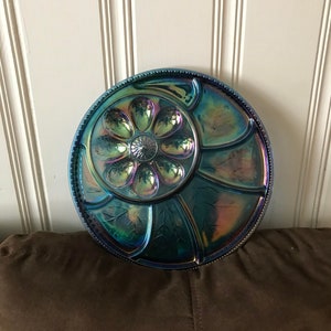 Indiana Glass Large Blue Iridescent Relish Plate