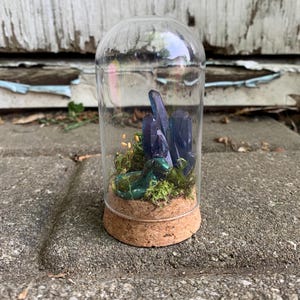 May include: A glass cloche with a cork base, housing a miniature terrarium. Inside, dark blue crystals stand amidst green moss and a small, green sculpture. The cloche sits on a gray, textured surface.