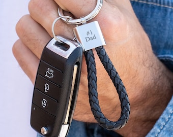 MyNameNecklace Engraved Men Black Leather Rope Keychain | Stainless Steel | Custom Made Christmas  Gifts for Dad Husband Boyfriend