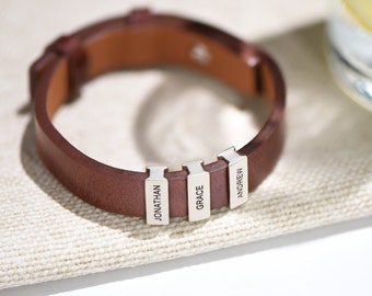 MyNameNecklace Personalized Mens Leather Bracelet with Beads | Black or Brown | Custom Engraved  for Dad Husband Boyfriend Son