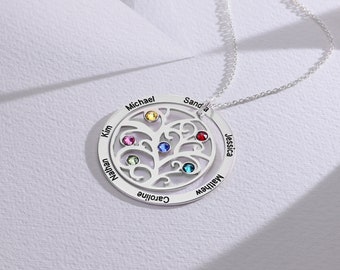 MyNameNecklace Custom Made Circle Birthstone Necklace Gold Silver 925 | Engraved Family Tree Pendant Mother's Day Gifts for Her