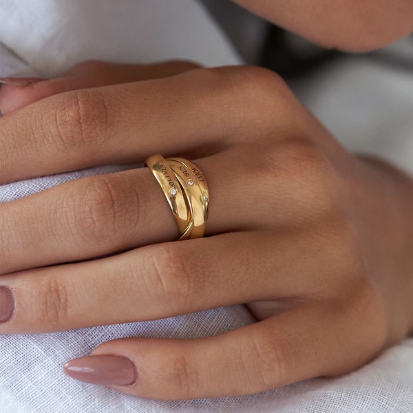 Personalisierter ineinandergreifender russischer Charlize-Ring mit Diamant oder Geburtsstein | Sterling Silber | Personalisiertes Schmuckgeschenk für Mutter
