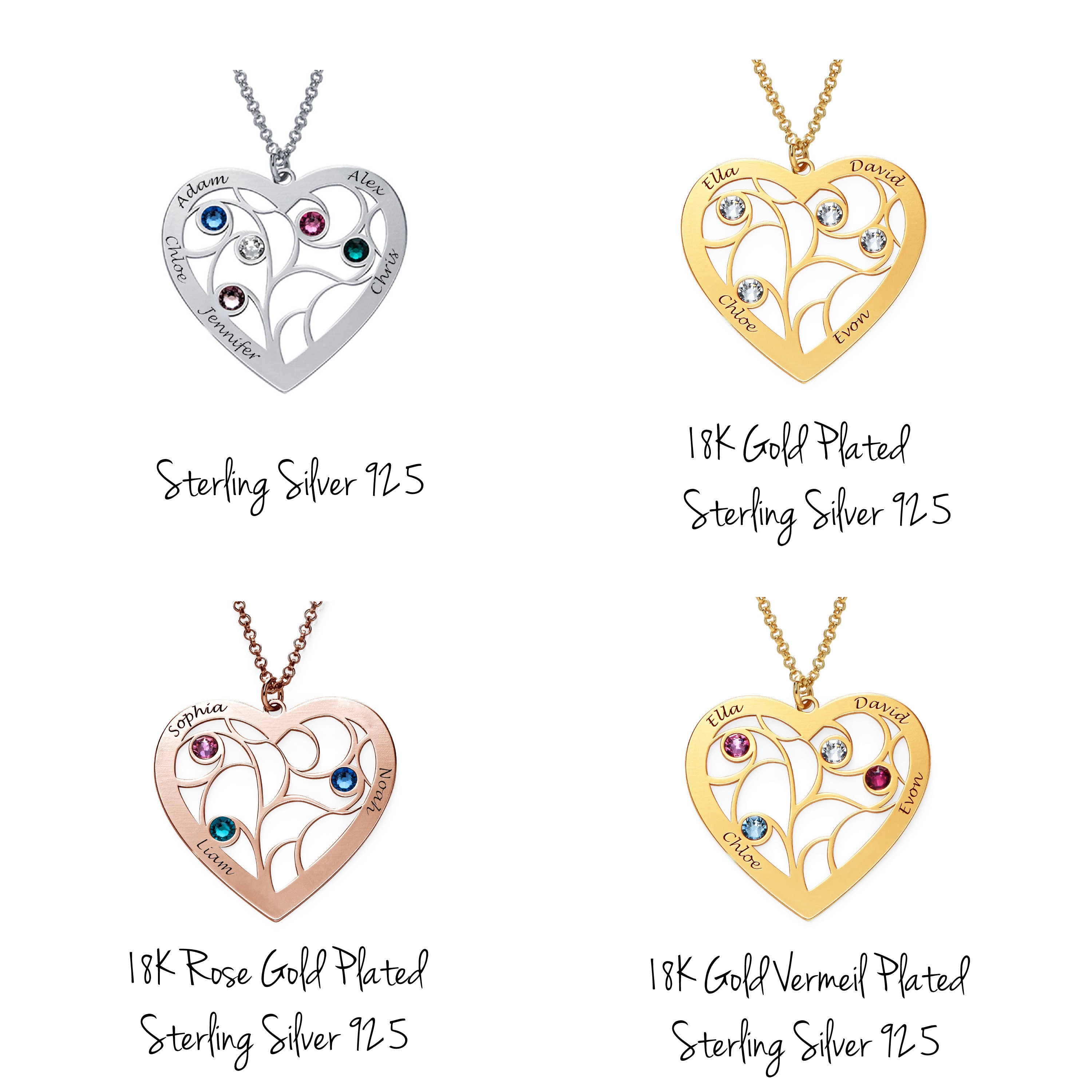 Personalized Intertwined Hearts Necklace With Birthstones – Family Name Necklace For Mom, Sterling Silver Heart Pendant