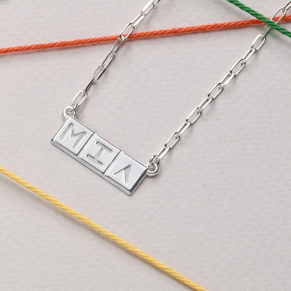 Initial Block Horizontal Tile Link Chain Necklace Engraved 