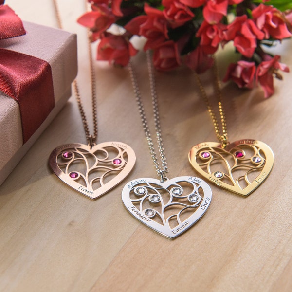 MijnNaamKetting Geboortestenen Hartketting met Familienamen Goud Zilver 925 | Aangepaste Moederdagcadeaus met verstelbare ketting voor haar moeder