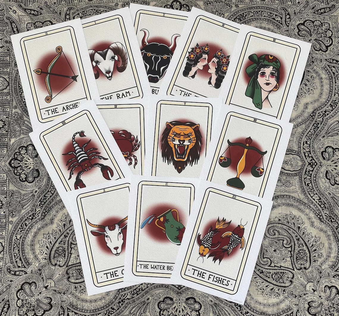 Zodiac Tarot Cards Star Sign Tarot Cards Style Print Etsy