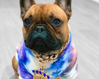 Brązowo-niebieska bluza z kapturem dla psa, ubrania dla psów, bluza dla psa, kurtka dla psa, płaszcz dla psa, moda dla psów, fajna moda dla psów, szczeniak, tie dye, płaszcz dla małego psa