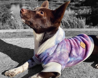 Hellrot blauer Hunde kapuzenpullover, Hundepullover, Hundejacke, Hundemantel, Hundemode, Coole Hundemode, Welpe, Tie Dye, Kleiner Hundemantel