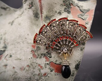 Broche Bijou Vintage En Argent Avec Cristaux Forme éventail - Petite Taille, Modèle 5343, Occasion