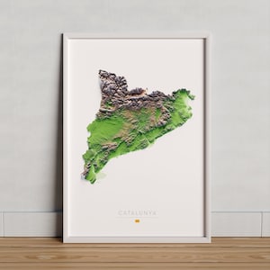 Catalonië. Gekleurde reliëfkaart. (Platte poster)