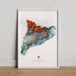Vorstendom Catalonië. Topografische kaart in complementaire blauwe en oranje kleuren.