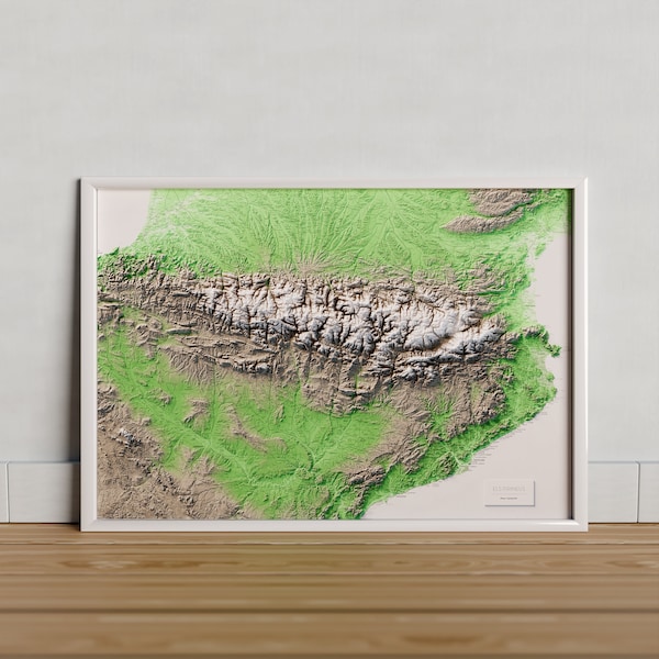 Les Pyrénées complètes. Carte topographique en couleur.