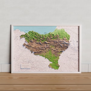 Euskal Herria. Topographische Karte in Farbe der 7 Provinzen. Version mit dem Azulmeer.