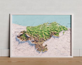Colored topographic map of Cantabria.