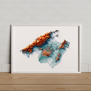 Maiorca. Mapa artístico de relleu blau e taronja.