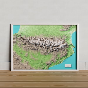 Die kompletten Pyrenäen. Version mit dem blauen Meer. Topografische Karte.