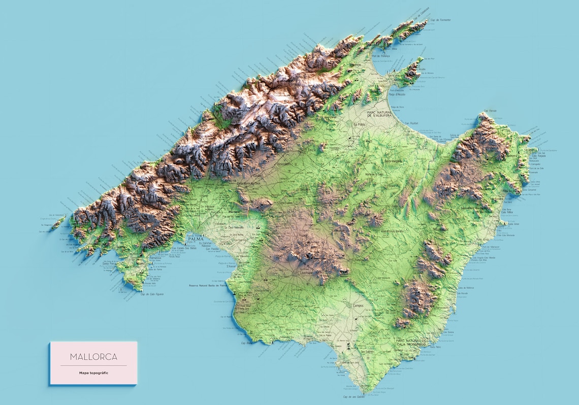 Mallorca. Topographische Karte in Farbe. - Etsy.de
