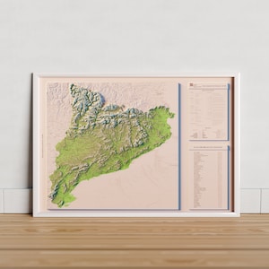 Catalogna. Mappa topografica a colori con elenco delle vette più alte.